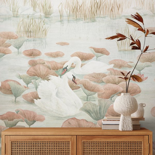 Classic Swan Lake Mural Wallpaper Terracotta
