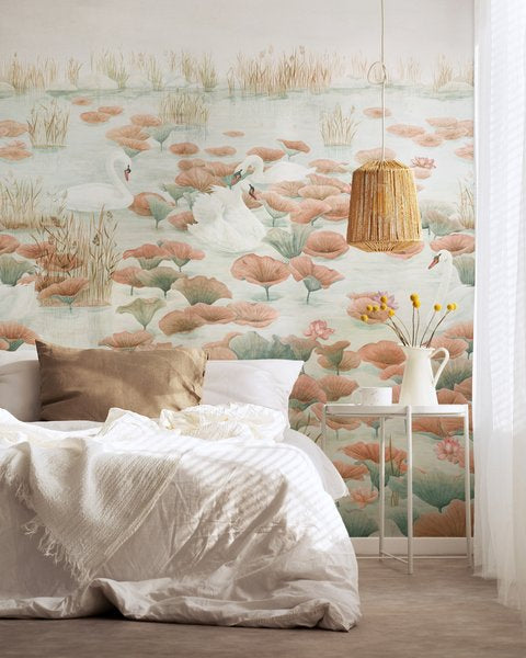 Classic Swan Lake Mural Wallpaper Terracotta
