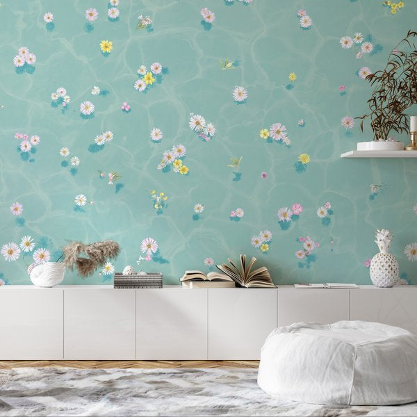 Floral Bath Mural Wallpaper Blue