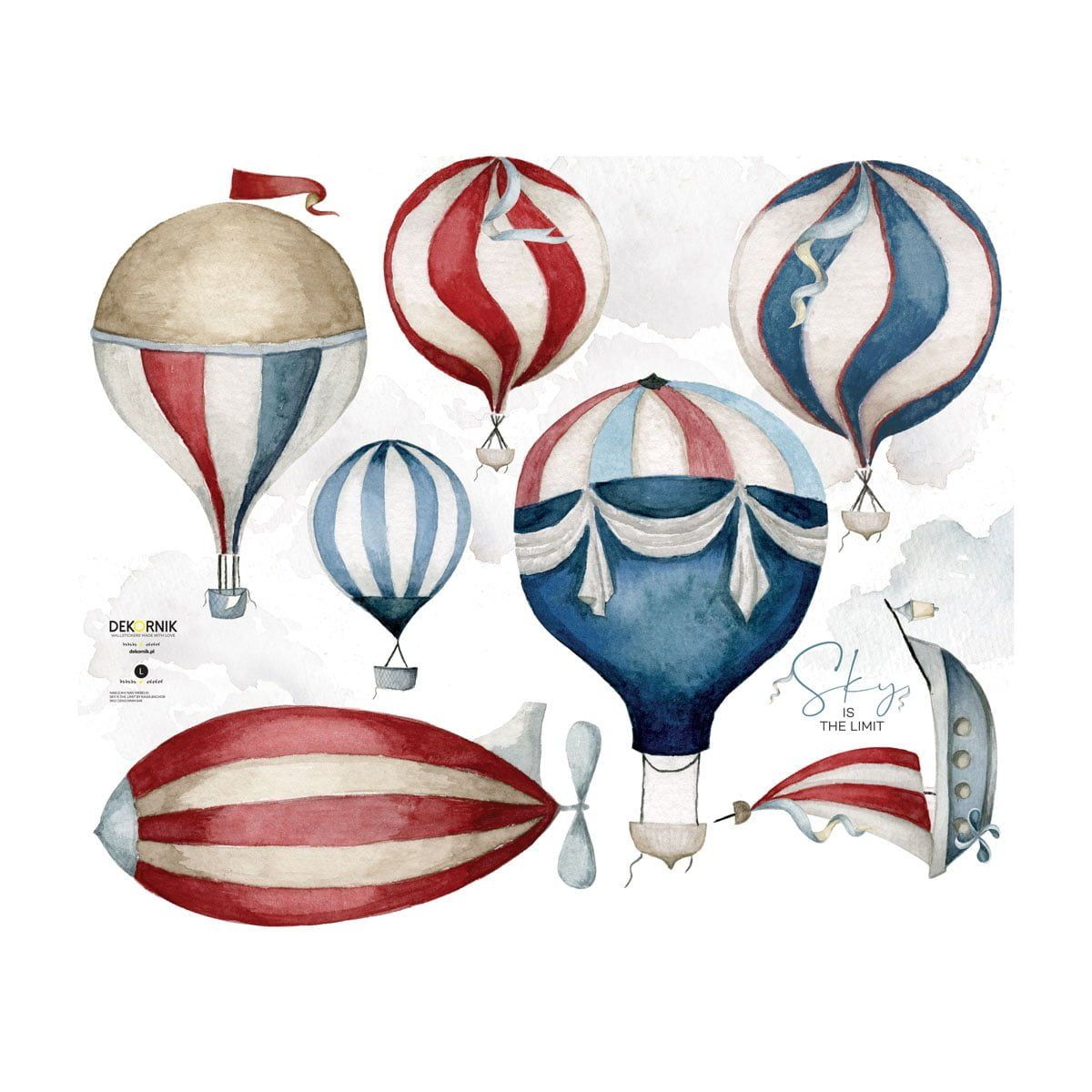 Dekornik Muursticker Sky Is The Limit Balloons Set — Een speelse muurstickerset met kleurrijke luchtballonnen, wolken en sterren die zwevend over de muur dansen, perfect voor een dromerige, avontuurlijke kinderkamer.