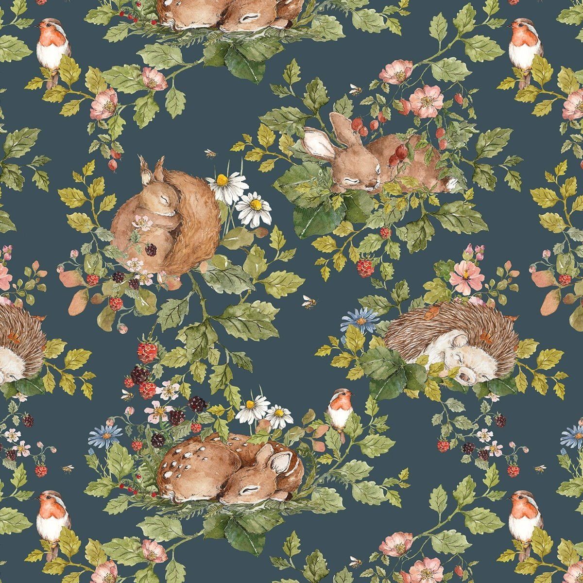 Dekornik Little Sleepy Animals Dark Behang kinderkamer behang — Scandinavisch design in zachte kleuren voor babykamer en kinderkamer