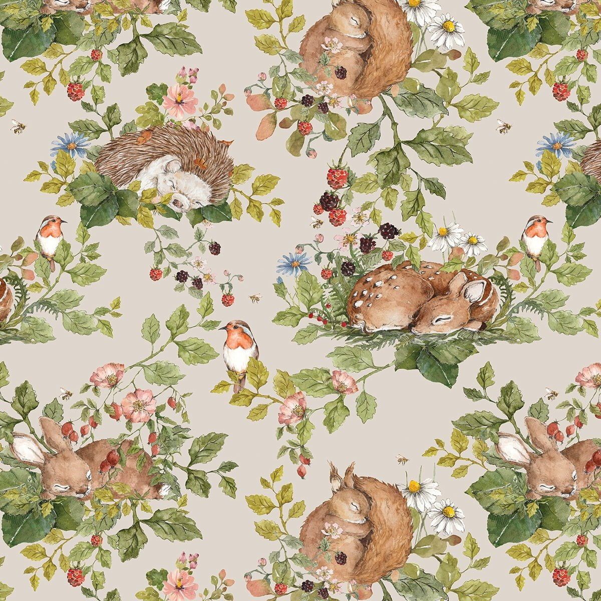Dekornik Behang Little Sleepy Animals Light — Een zacht behang met slaperige dierenvriendjes die onder dekentjes en sterren liggen te dromen, in lichte pastelkleuren, perfect voor een rustgevende babykamer. Detailopname van het patroon en de kleuren.