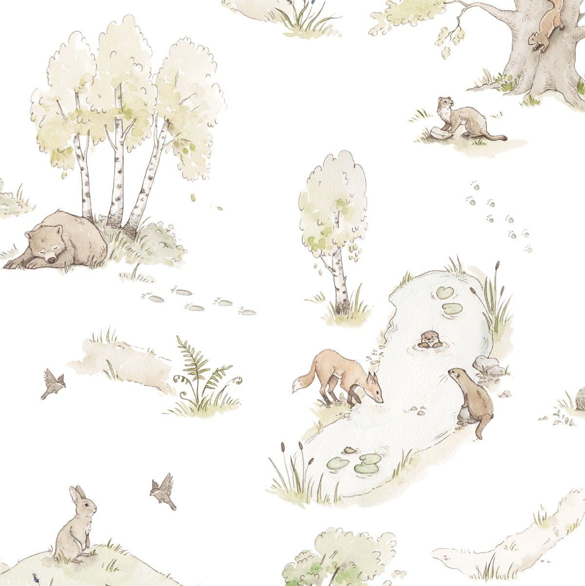 Dekornik Fairytale Forest Behang — Een sprookjesachtig behang met een magisch bos vol bomen, paddenstoelen en dierenvriendjes, perfect voor een dromerige kinderkamer. Detailopname van het patroon en de kleuren.