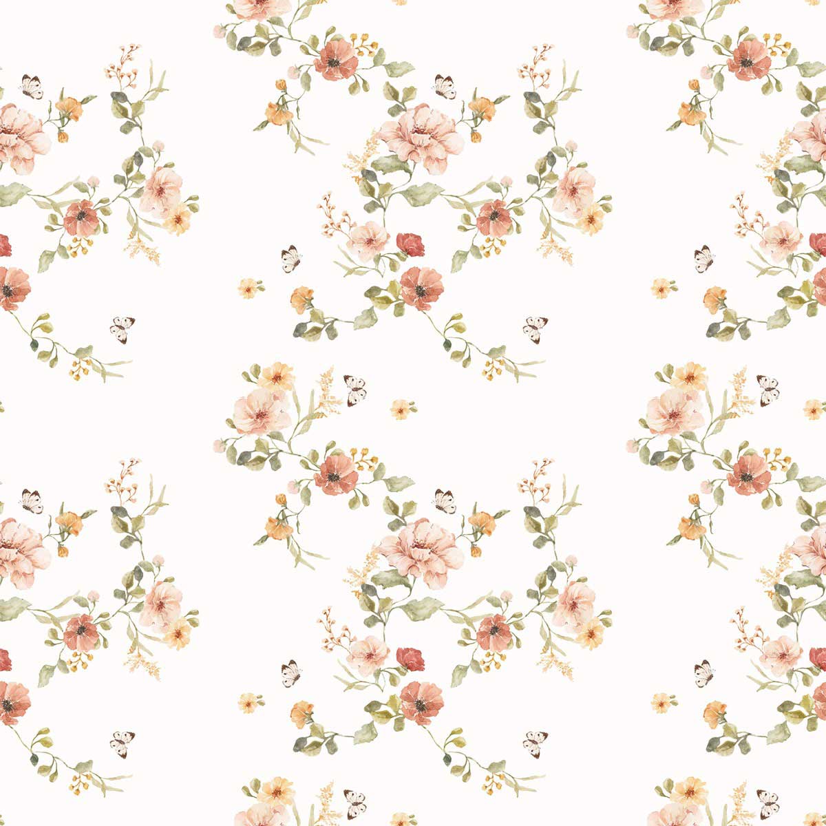 Dekornik Behang Floral Vintage — Een romantisch behang met vintage bloemmotieven in zachte, verweerde kleurtinten, perfect voor een warme, botanische kinderkamer. Detailopname van het patroon en de kleuren.