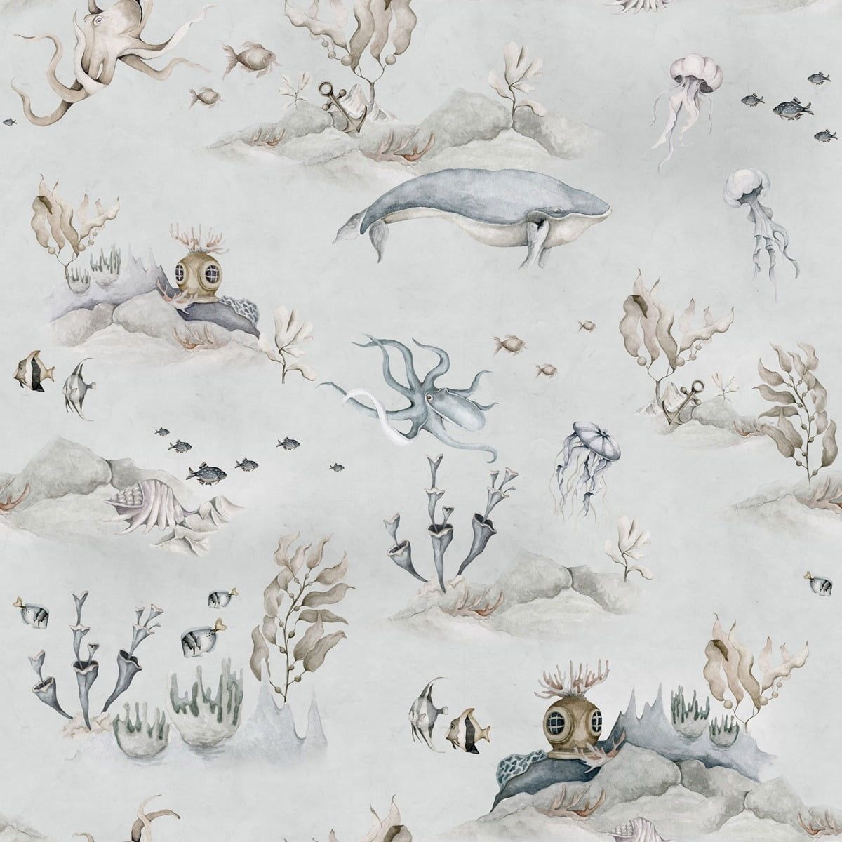 Dekornik Underwater World Grey Behang — Een sfeervol behang met een onderwaterwereld vol visjes en zeewezens op een grijze achtergrond, perfect voor een rustige, maritieme kinderkamer. Detailopname van het patroon en de kleuren.