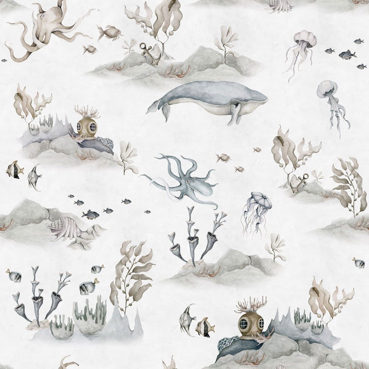 Dekornik Underwater World White Behang — Een rustig behang met een onderwaterwereld vol visjes en zeewezens op een witte achtergrond, perfect voor een serene, maritieme kinderkamer. Detailopname van het patroon en de kleuren.
